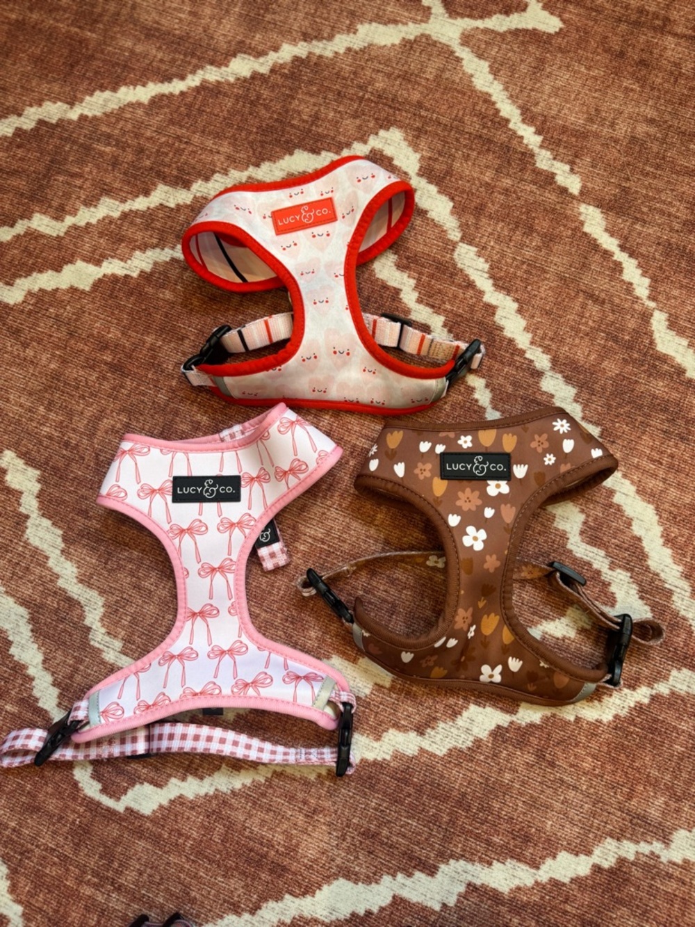 Lucy & Co. Cute Patterned Dog Harnesses - Pink, Brown, Cream (medium)